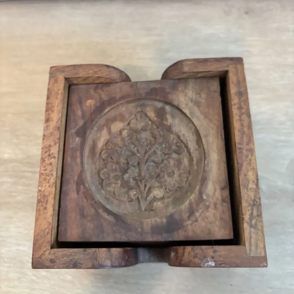 Vintage Hand Carved Wood Coaster Set Caddy Floral Leaf Indian Wooden Drink Mat